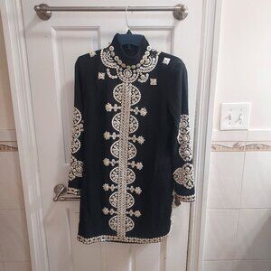 Tory Burch Black Long Sleeve Sylvia Embellished Beaded Crepe Dress